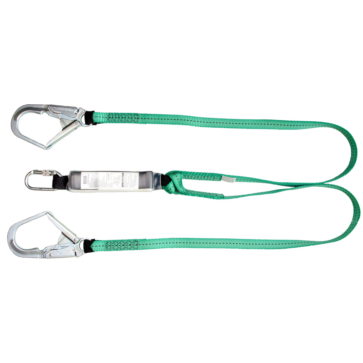 Energy-absorbing lanyard, 2 m, webbing, twin leg, steel screwgate carabiner, steel scaffold hook